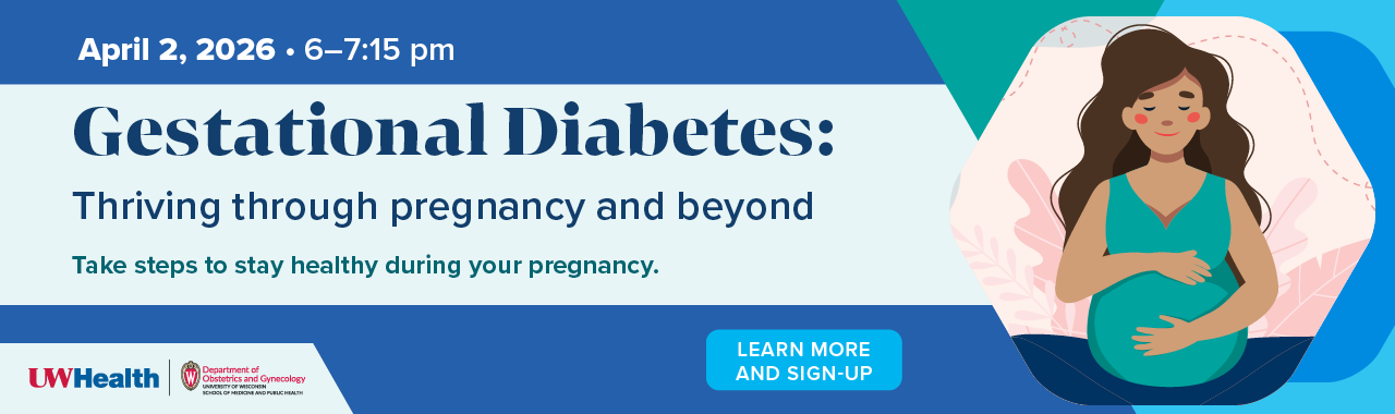 Banner advertising the April 2, 2026 talk Gestational Diabetes: Thriving Through Pregnancy and Beyond